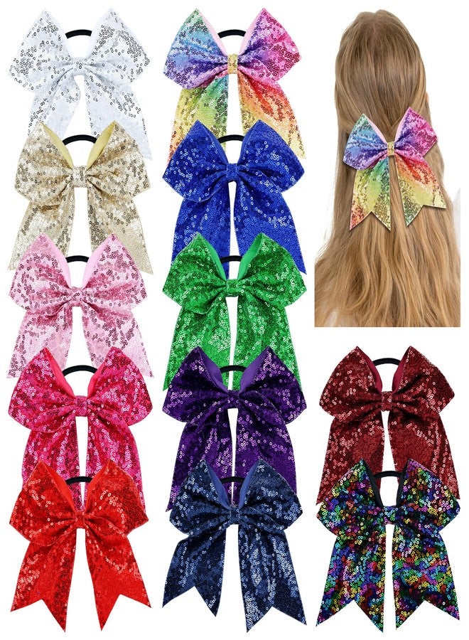 Dizila 12 Pieces Colorful Sparkly Sequin Big Bow Hair Ties Elastics Rubber Bands Ponytail Holders Hair Scrunchies Ropes Accessories for Women Girls Teens Kids - Image 1